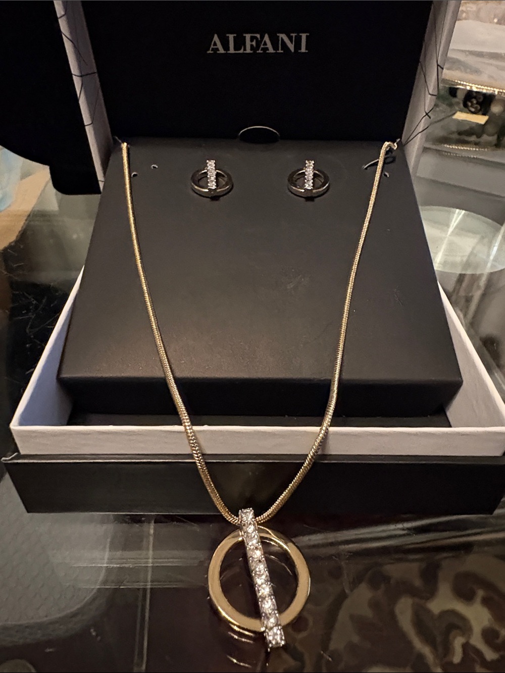 Alfani Gold and Clear Crystal Double-Ring Pendant Necklace with Hoop Earrings